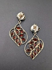 Vtg Sterling Silver Multi Amber Glass Marquise Shape Leaf Design 925 Earrings