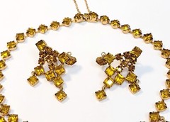 Vintage Schreiner Light Topaz Square Rhinestone Bib Necklace & Earrings