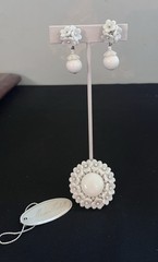 Vintage Miriam Haskell Milk Glass Flower Brooch & Earrings White Floral Dangles