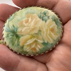 Vintage Hand Painted Floral Porcelain Brooch and Clip On Earrings Set 3 Piece