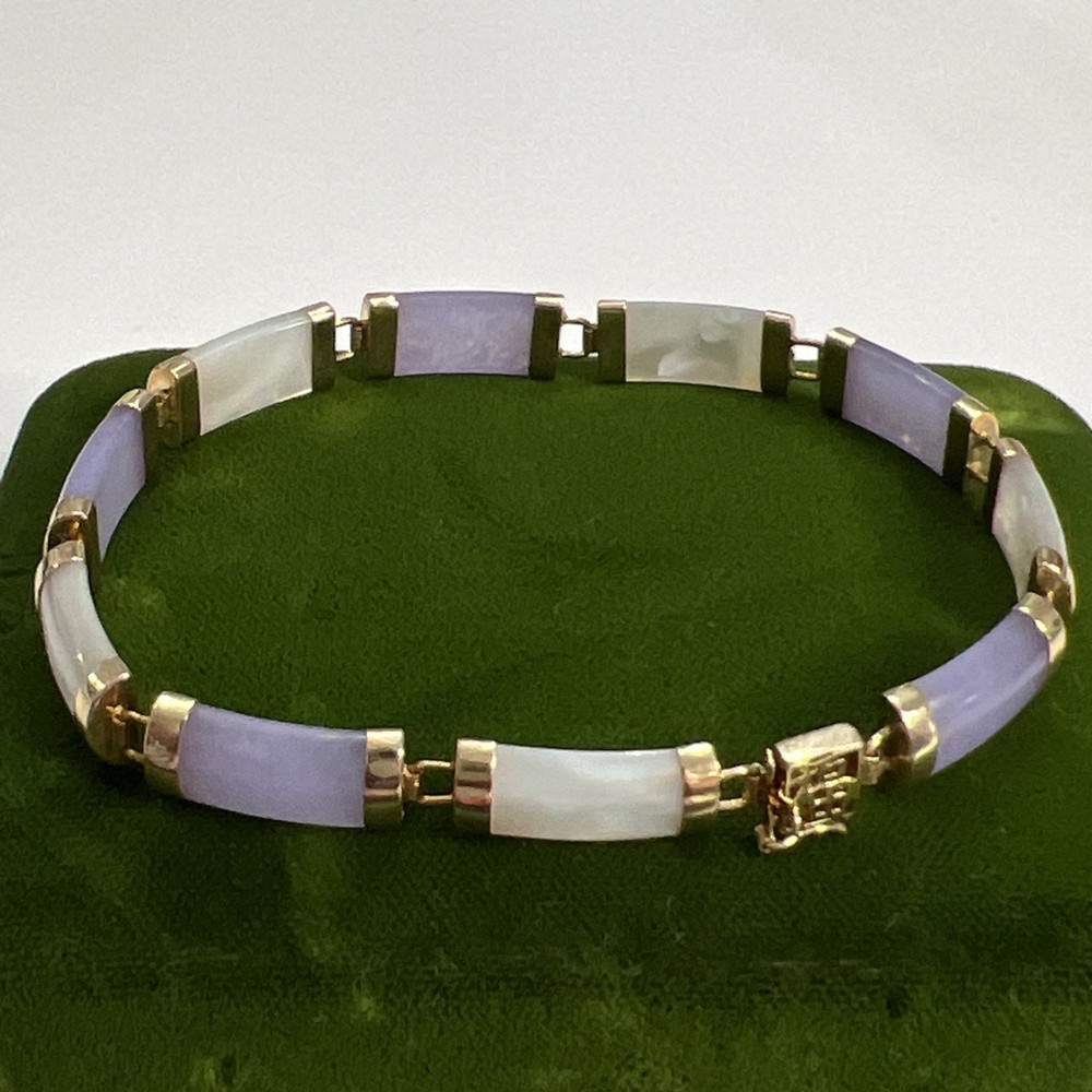 Vintage WJ 10k Yellow Gold Lavender Jade & Mother Of Pearl Asian Bracelet 7.5”