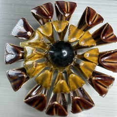Vintage 1960s Enamel Flower Brooch Pin Brown Mustard Yellow Black 1.5”