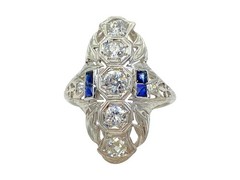 Belais 1.5cttw Diamond Blue Sapphire 18k Gold Shield Ring Antique Art Deco 1920s