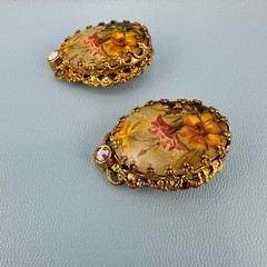 Vintage West Germany Clip On Earrings Gold Tone Filigree Floral Decal Rhinestone
