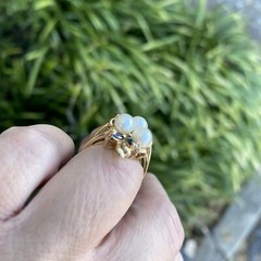 Vintage 14kt yg 3 5.7mm pearls, diamonds & marquise sapphire cluster ring GVT1-L