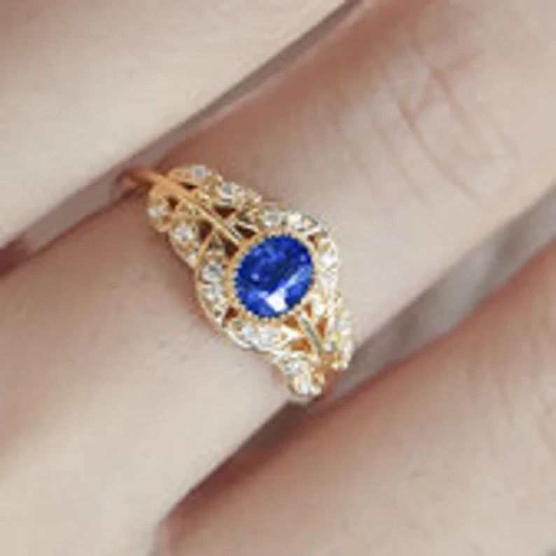 Vintage Flower Ring for Her 14k Yellow Gold Plated Oval Lab Created Sapphire