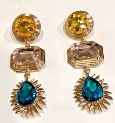 Big Glass Earrings Vintage DANGLE DROP Chunky Pierced Topaz Pink Green Golden