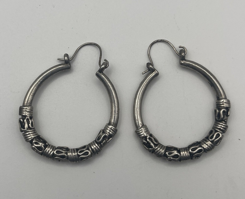 Vintage Sterling Silver Bali Tribal Hoop Earrings Oxidized Wire Wrap Design