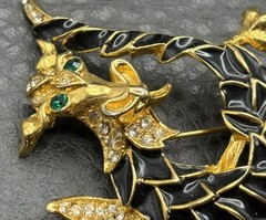 GORGEOUS Black Enamel Chinese Dragon Green Rhinestone Unsigned Gold Tone Brooch