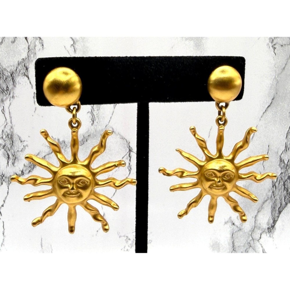 Matte Gold Sun Face Dangle Earrings 2″ Drop Celestial Signed Avon
