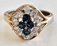 Vintage Sapphire & Clear Glass Cocktail Gold Tone Ring Size 7 Signed G