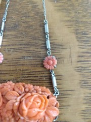 Antique coral colored Rose molded glass & Rhodium Plated Deco Necklace Pendant