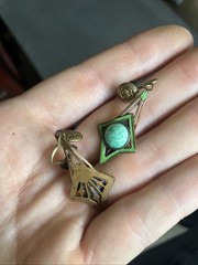1920s Art Deco Dangle Earring Green Enamel And Stone Brass Clover Screw Back