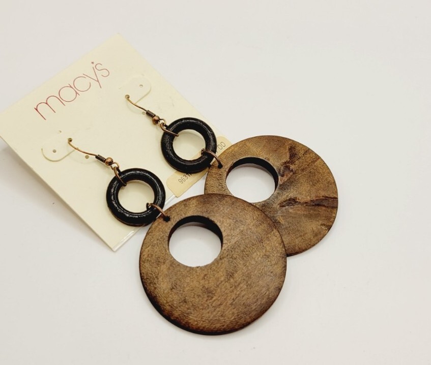 1980s Hippy Dangle Drop Earrings Distressed Faux WOOD Chandelier Vintage 3.5 in