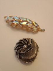 2 Brooches Silver Tone Botticelli And Gold Tone AB Stone Leaf