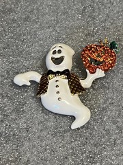 Vintage 1980s Halloween Ghost With Jack O Lantern Brooch Enamel Pin 2″ x 2″