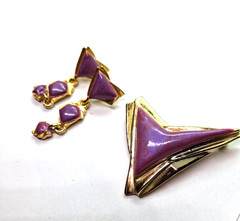 Vtg Enamel Brooch Pierced Earring Set Geo Mod Statement Retro Atomic