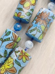 Vintage Blue Polymer Clay Barrel Beads Butterfly Floral Printed Design Necklace