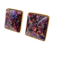 Yves Saint Laurent Purple Pink Foil Art Glass Square Clip On Earrings J672
