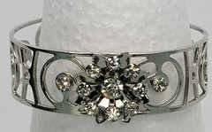 Vintage Silver Tone Clear Crystal Charm Open Work Cuff Bracelet 6.25 In Sizable