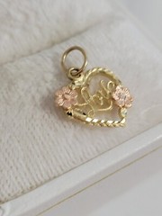 Vtg OR signed 14K Yellow Gold HEART Love Pink Flowers Charm / pendant Estate