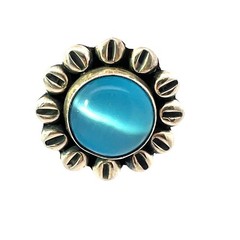 Vintage Sterling Silver Cat’s Eye Blue Glass Cabochon Earrings – 21 mm Diameter