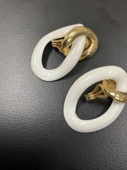 Vintage MONET Clip On Set Gold Tone & White Enamel/ Gold Texture Dangle Hoops