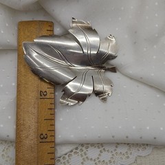 Art Deco Large Maple Leaf Brooch Detailed Curved Signed Sterling ~ 2.5″