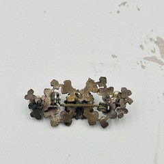 Vintage Mid Century Brass Filigree Brooch Hand Wired Pearls and Pink Rhinestone