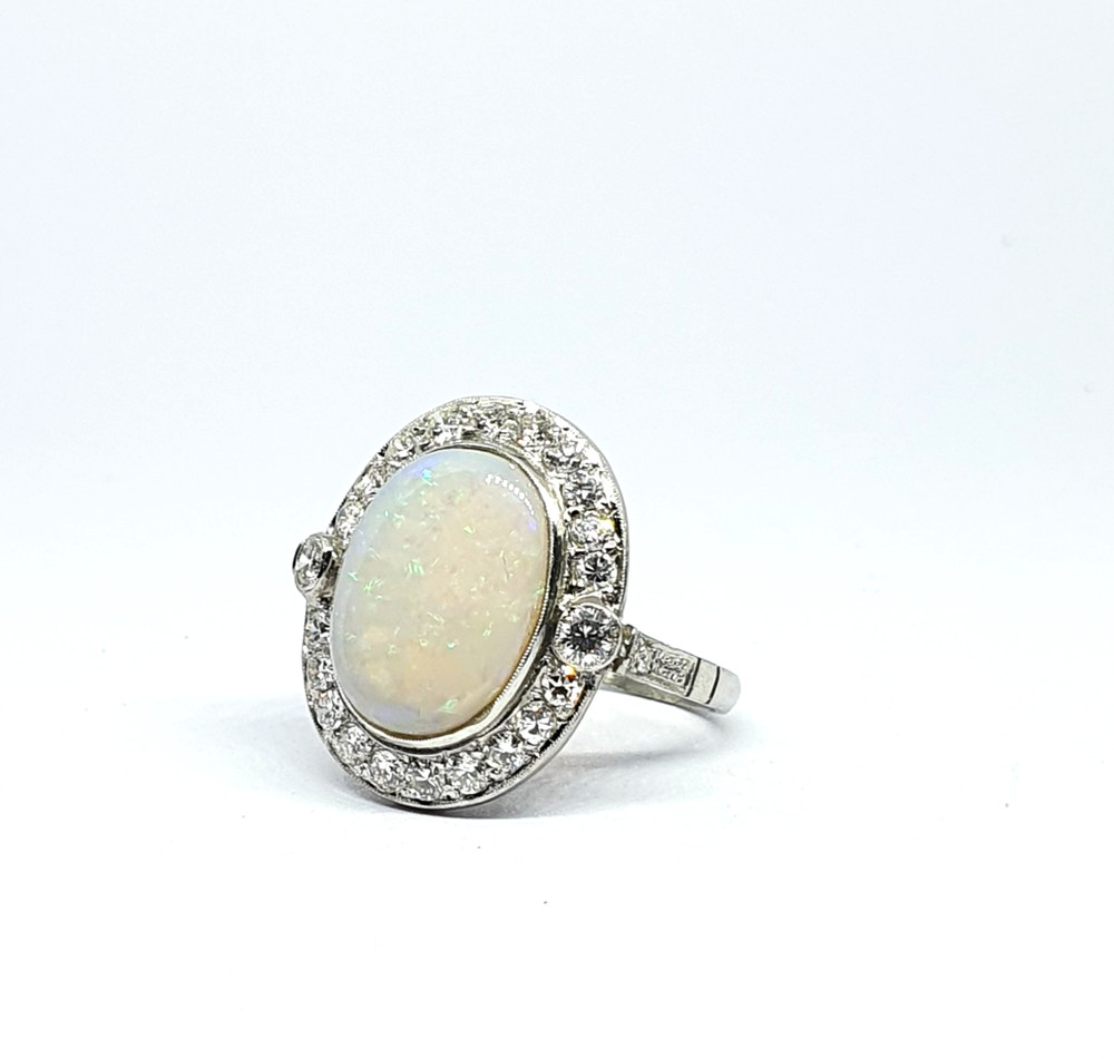 Vintage Platinum Rosette Ring With Opal and Diamonds – 950