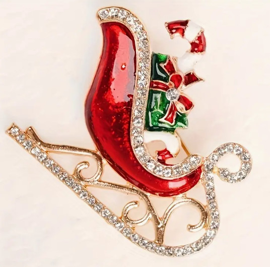BROOCH- Elegant Christmas Tree & Sleigh Brooch Pin with Sparkling Rhinestones