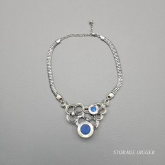 Vintage Bib Statement Necklace Silver Tone Blue Marbled Cabochon Rhinestone 19″