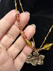 Vintage Cookie Lee Necklace Bronze Flower Double Strand Pendant signed 16” Adjus