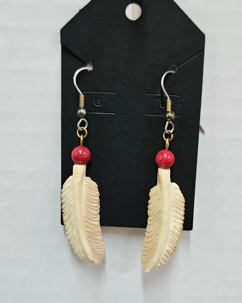 Vintage Carved Buffalo Bone Feathered Dangle Earrings