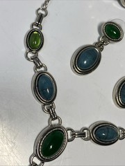 Vintage Silvertone Faux Jade Lariat Necklace + Bracelet + Earrings Set