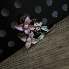 Vintage Pink Enamel Flower Brooch Rhinestone Evening Cocktail Dress Pin Unsigned