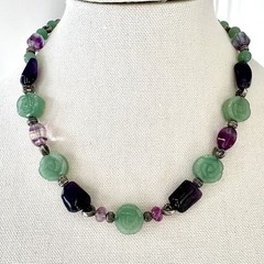 Vintage Carved Jade Rose And Amethyst Quartz Necklace Balance Wellness Luck