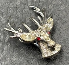 ORA Vintage Art Deco Reindeer Head Small Pin Crystal Rhinestone Ruby Eyes