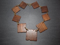 1930s ARTS CRAFTS WOOD LEATHER COPPER HAND-MADE CHOKER NECKLACE 17″