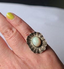Vintage Sterling Silver & Natural Fire Opal Gemstone Modernist Ring Size 5.5
