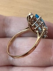 VINTAGE 10K YELLOW GOLD MARQUISE CUT BLUE TOPAZ AND DIAMONDS RING