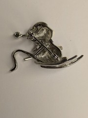 Silver Tone Enamel & Red Rhinestone Skiing Mouse Brooch