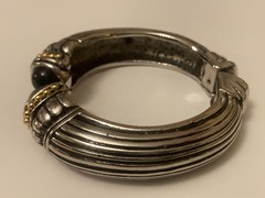 Vintage Silver Tone & Gold Tone Bracelet Black Onyx Striped Hinged Cuff