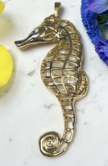 Vtg Large Gold Tone Seahorse Pendant Faux Pearl Filled Iridescent Rhinestone Eye