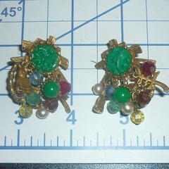 Vtg ART Arthur Pepper Asian Pagoda Dangle Earrings Faux Carved Jade Buddha
