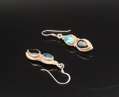 925 Silver Vintage Oval Blue Topaz & Pear Shaped Onyx Drop Earrings EG12224