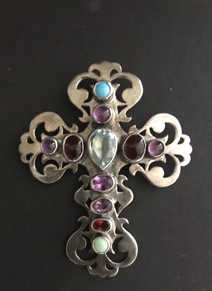 Vintage Nakai Navajo Sterling Cross 2 3/4”x2 1/4” pendant multi stone