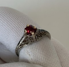 Art Deco Belais 18k White Gold Filigree Ring w/ Ruby – Appraised $2,650