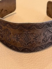 Primitive Vintage Engraved Cuff Bracelet Silver Plated Mixed Metal w/ Copper