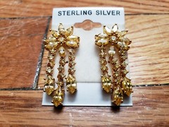 VINTAGE * STERLING SILVER (925) * EARRINGS 1″- GOLD PLATE on SILVER, CITRINE